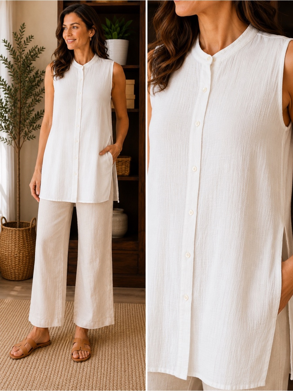 Eileen Fisher Ivory Cotton | Textured Gauze | Sleeveless Band Collar Tunic | XXS